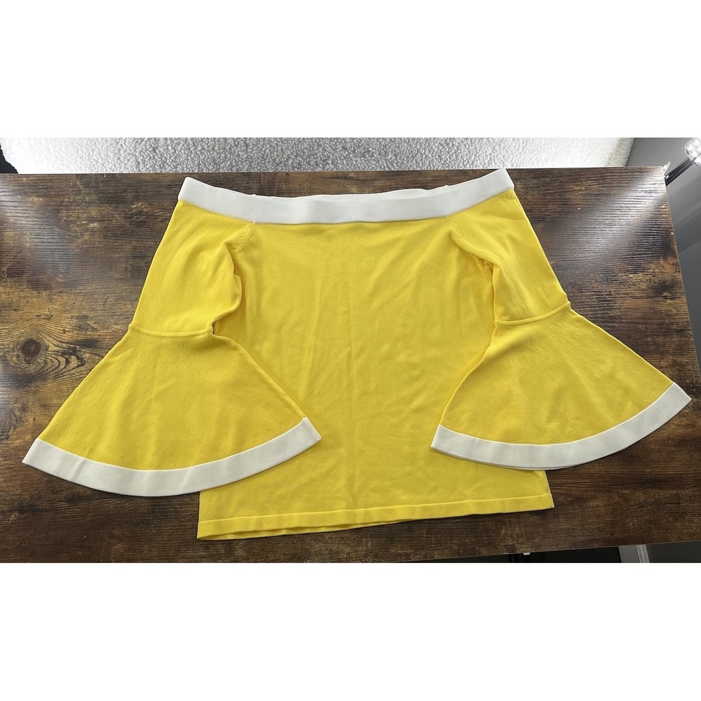 Boston Proper Yellow Off-Shoulder Bell Sleeve Top with White Trim
